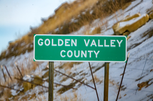 County boundary sign for Golden Valley Montana in western USA of North America.