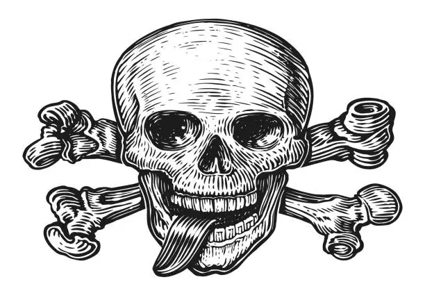 Vector illustration of Skull with crossed bones. Pirate symbol Jolly Roger sketch engraving. Hand drawn vector illustration