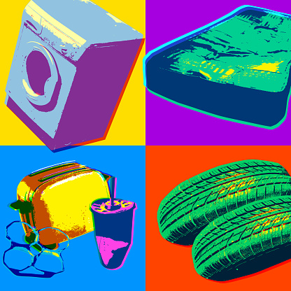 Posterised or Pop Art styled Fly Tipping illustration. Fly Tipping, Garbage Dump, Mattress, Washing Machine, plastic tray,