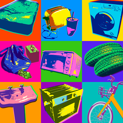 Posterised or Pop Art styled Fly Tipping illustration. Fly Tipping, Garbage Dump, Mattress, Washing Machine, plastic tray,