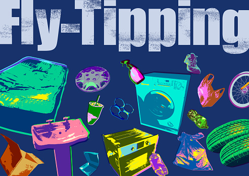 Posterised or Pop Art styled Fly Tipping illustration. Fly Tipping, Garbage Dump, Mattress, Washing Machine, plastic tray,
