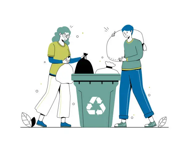 Vector illustration of People are taking out trash