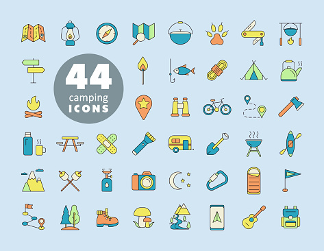 Camping, Hiking, Nature and Outdoor Activities icons set. Graph symbol for travel and tourism web site and apps design, logo, app, UI