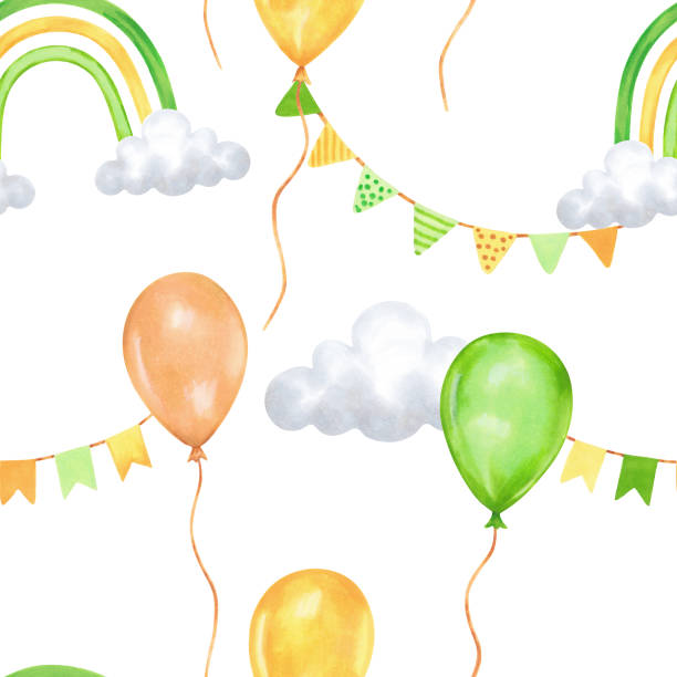 Seamless pattern with balloons,garland and rainbow with clouds.Watercolor and marker illustration.Hand drawn isolated background.For birthday decoration,children's party. Seamless pattern with balloons,garland and rainbow with clouds.Watercolor and marker illustration.Hand drawn isolated background.For birthday decoration,children's party,patrick's day. irish birthday blessing stock illustrations