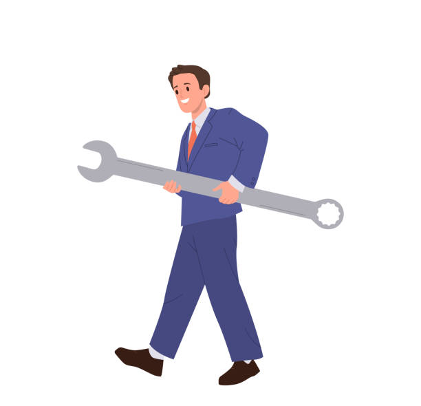 istock Young businessman cartoon character wearing formal suit carrying wrench vector illustration 2020996831