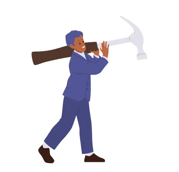 Vector illustration of Young businessman cartoon character wearing formal suit carrying giant hammer vector illustration