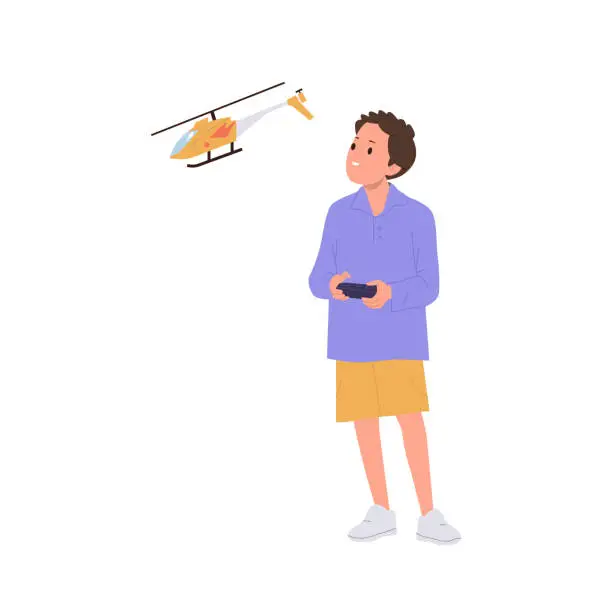 Vector illustration of Isolated preschool boy child cartoon character having fun playing remote controlled helicopter toy