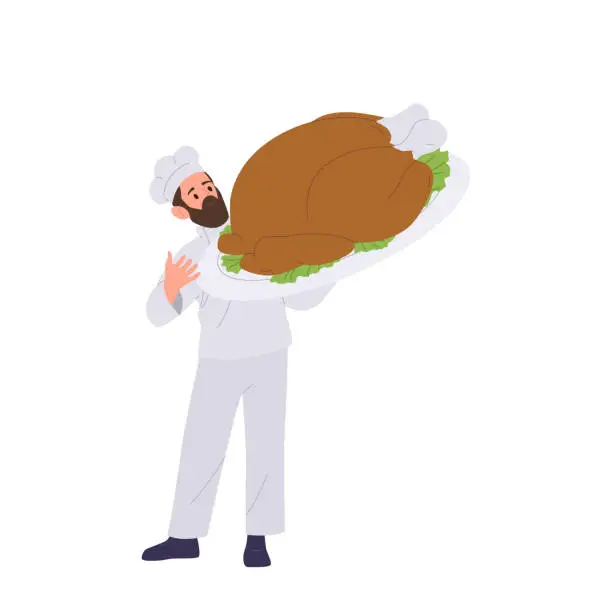 Vector illustration of Man cook master chef cartoon character wearing uniform holding barbeque hen or roasted turkey