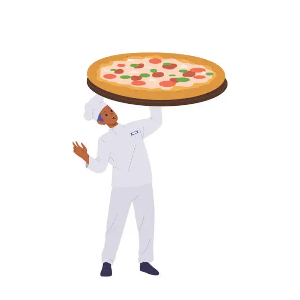 Vector illustration of Young man cook pizzaiolo cartoon character holding giant pizza isolated on white background