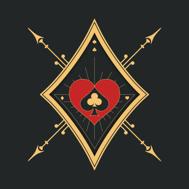 포커와 카지노. 어두운 배경에 금색 악센트가 있는 하트와 클럽 심볼이 있는 우아한 포커 로고. - cards heart suit heart shape poker stock illustrations