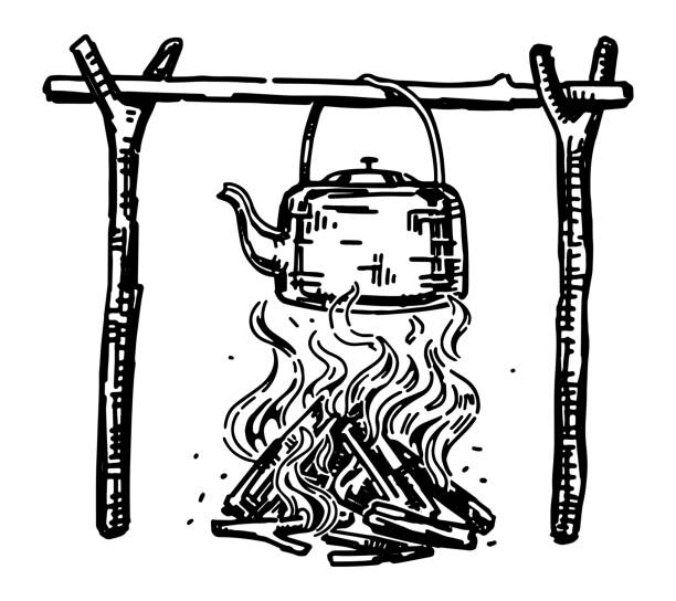Campfire sketch. Clipart of kettle over the fire. Hand drawn vector illustration isolated on white.