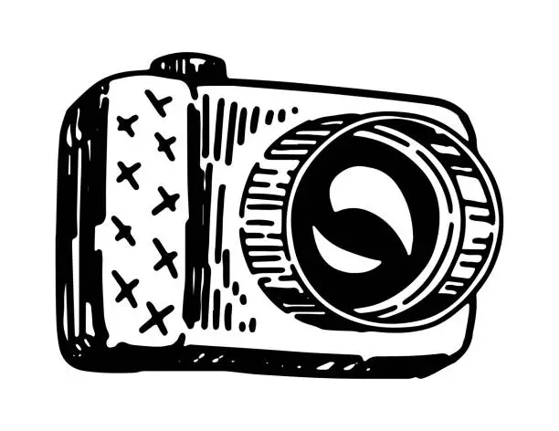 Vector illustration of Compact digital camera sketch clipart. Photograph device equipment doodle isolated on white. Hand drawn vector illustration.