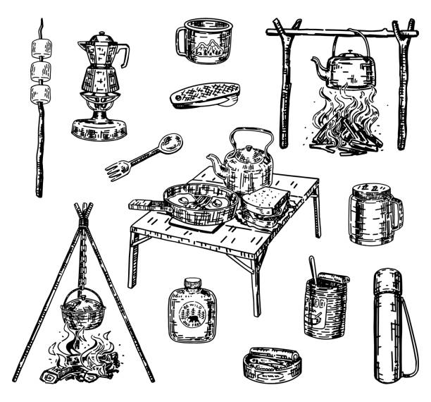 Camping kitchen doodles collection. Sketches set of outdoor kitchenware, campfire supplies. Vector illustration in engraving style isolated on white.