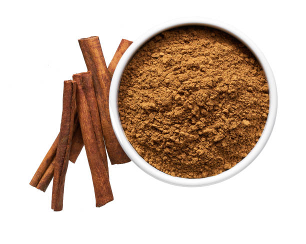 istock cinnamon sticks and  ceramic bowl with cinnamon powder isolated on a white background, top view. 2021026715