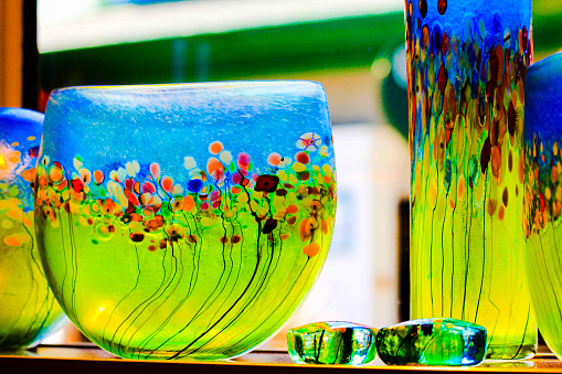 Colorful blown vases on display