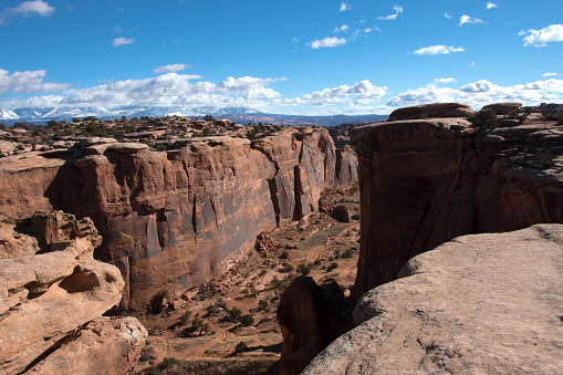 Red rocks and the snowy La Sal Mountains in the background, near Moad Utah.