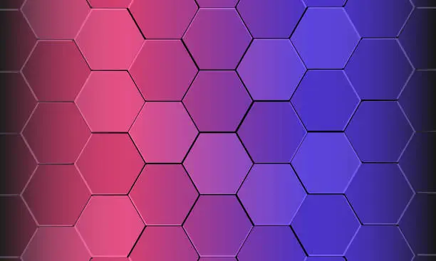 Vector illustration of 3D hexagon technology pink and purple colored honeycomb abstract background.