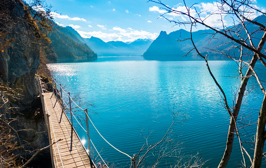 Beautiful lake Traunsee, Salzkammergut, Austria, on a sunny day in early spring.