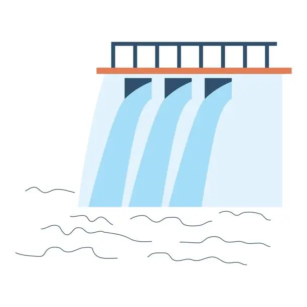 Vector illustration of Hydroelectric dam. Vector illustration in flat style with renewable energy theme. Editable vector illustration.