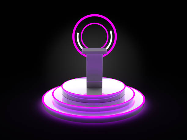 istock Round podium of blue light and black background 2021194538
