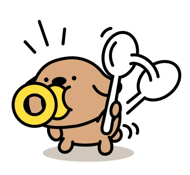 Vector illustration of A cute dog sucking a pacifier is holding a big spoon and wagging its tail