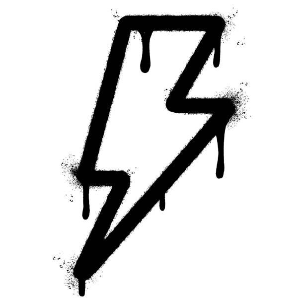 spray painted graffiti electric lightning bolt symbol sprayed isolated with a white background. graffiti electric lightning bolt icon with over spray in black over white. - blob black splattered spotted点のイラスト素材／クリップアート素材／マンガ素材／アイコン素材