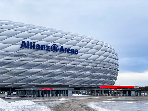 Munich, DE, Dec. 21 2022; Allianz Arena, distinguished by its unique ETFE facade, is a central sports hub in Munich, hosting FC Bayern Munich's home games.