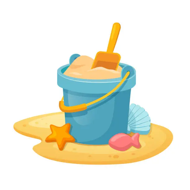 Vector illustration of Sand beach with a sand bucket and tools to kids play