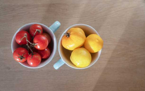 Top view of red and yellow organic tomato