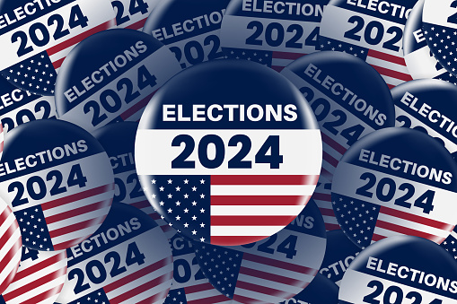 American presidential elections banner. Realistic circle Vote sticker or badge with us american flag. US, USA, american election, voting sign. 2024 presidential elections. Responsible voting badge or pin.