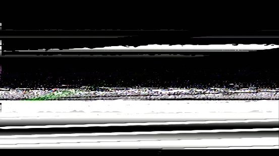 Glitch texture. Analog noise overlay. Screen defect. White static distortion grain stripes on dark black abstract free space illustration background.
