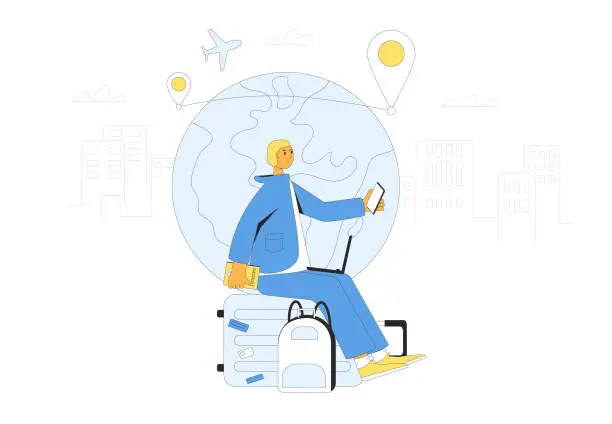 Vector illustration of Digital nomad. Young man sitting on the suitcase and working with laptop waiting for a flight.