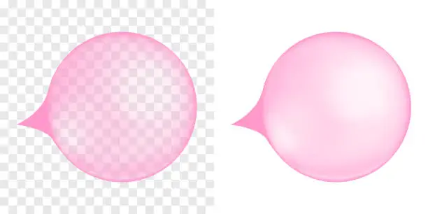 Vector illustration of Inflated pink bubble gum. Strawberry or cherry chewing bubblegum ball isolated on transparent and white background. Cute girly design element. Vector realistic illustration