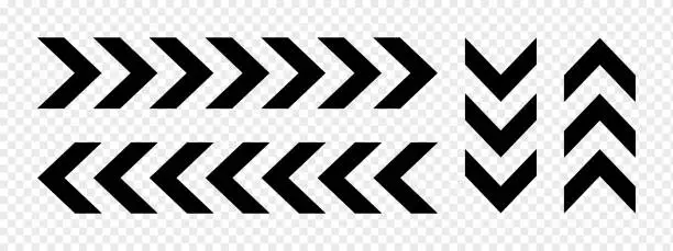 Vector illustration of Set of horizontal and vertical chevron arrows. Ornaments with repeated V shaped stripes. Road, military, army, pointer, navigation left and right, up and down signs