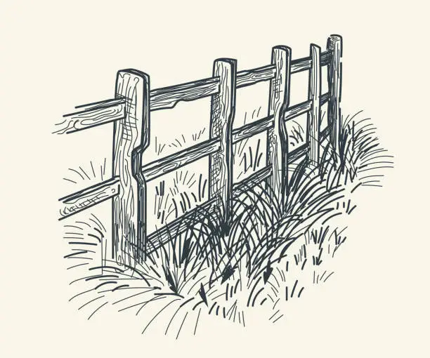 Vector illustration of Simple pencil sketch of a wooden livestock fence, offering a rustic touch