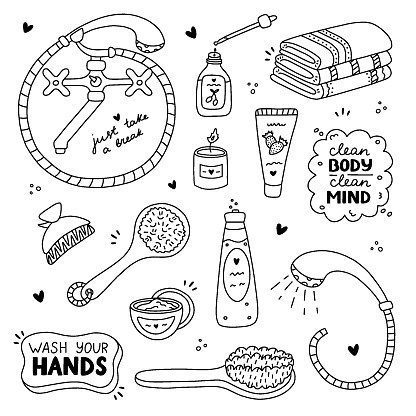Cute hand drawn doodle set of hygiene items, bathroom and shower accessories. Products for skincare, beauty, body care, self love in trendy style. Soap, microfiber towel, shampoo, cream, duck, oil.