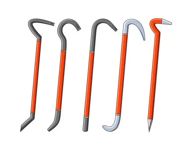 Vector illustration of Crowbars, Isolated Vector Sturdy Hand Tools With A Flat, Prying End And A Curved, Forked End. They Used For Leverage