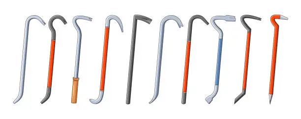 Vector illustration of Crowbars, Isolated Vector Hand Tools Made Of Steel, Designed For Lifting And Moving Heavy Objects, Carpentry or Robbery