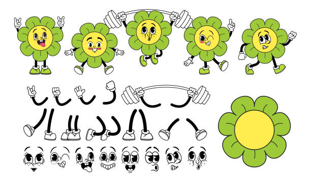 Retro Groovy Green Daisy Flower Character Constructor. Vector Collection Of 70s-inspired Comic Chamomile Parts Including Faces, Legs, Hands, And Emotions. Happy, Cheerful Hippie-inspired Nostalgic Set