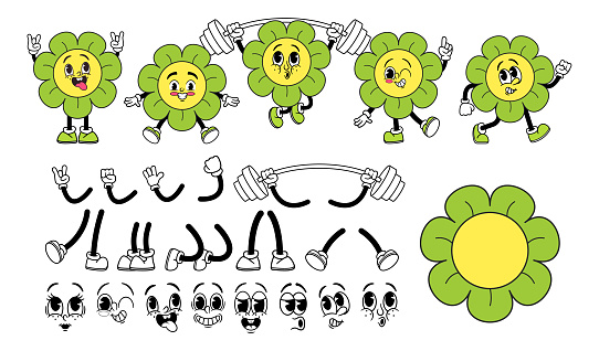 Retro Groovy Green Daisy Flower Character Constructor. Vector Collection Of 70s-inspired Comic Chamomile Parts Including Faces, Legs, Hands, And Emotions. Happy, Cheerful Hippie-inspired Nostalgic Set