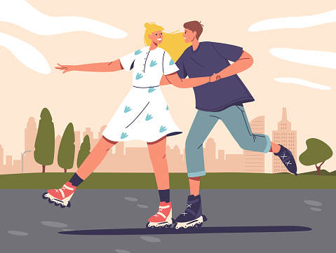 Young Couple Characters On Roller Skates Glide Effortlessly, Maintain Balance. With Wheels Underfoot, They Navigate City Park, Exuding Joy And Freedom In Movement. Cartoon People Vector Illustration