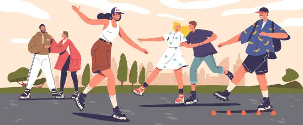 Vector illustration of People and Couples Male or Female Character Joyfully Roll On Skates In City Park, Gliding Smoothly, Sharing Laughter