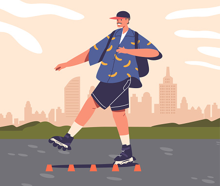 Adolescent Skater Boy Glides Through The Park, Weaving Between Cones With Effortless Precision. His Agile Movements Display A Perfect Blend Of Skill And Youthful Exuberance. Vector Illustration