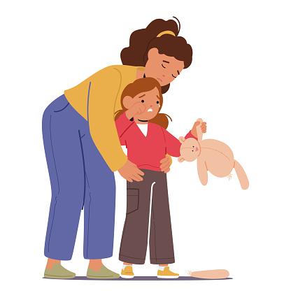 Mother Enveloping Her Little Crying Daughter In A Warm Embrace. Parent Character Whispering Words Of Comfort As Tears Give Way To A Calm, And Promising Safety. Cartoon People Vector Illustration