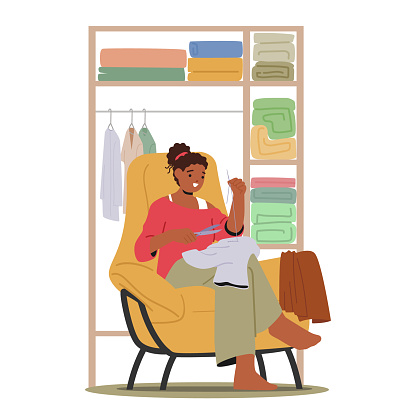 Skilled Woman Character Diligently Repairs And Mending Clothes With Scissors, Weaving Threads To Restore Fabric, Imparting Care And Craftsmanship To Each Stitch. Cartoon People Vector Illustration