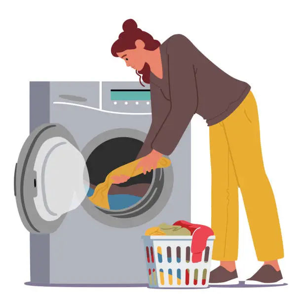 Vector illustration of Female Character Loads Clothes Into The Washing Machine, Meticulously Arranging Garments For A Thorough Clean