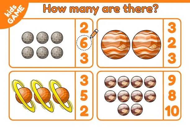 Vector illustration of Space math game How many are there cartoon planets