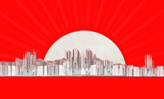 Horizontal background with a solar disk over the city, on the seashore, made in monochrome technique