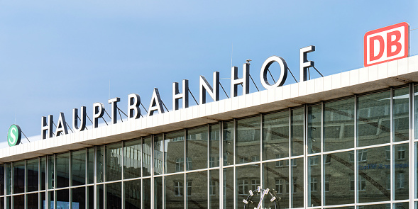 cologne, germany  july 04 2023: Hauptbahnhof lettering and DB and S-Bahn logo on the roof of cologne main station