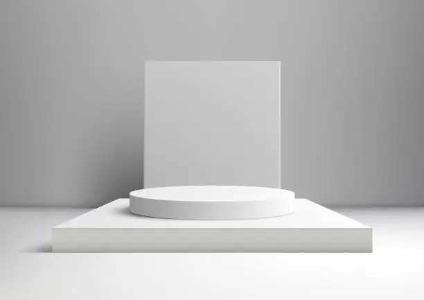 Vector illustration of 3D white podium mockup. A white backdrop and geometric square design